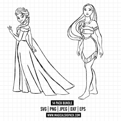 COD1673 - Disney Princess line art bundle, Disney princess clipart Svg, Png, Eps, Dxf, Jpeg, vector.