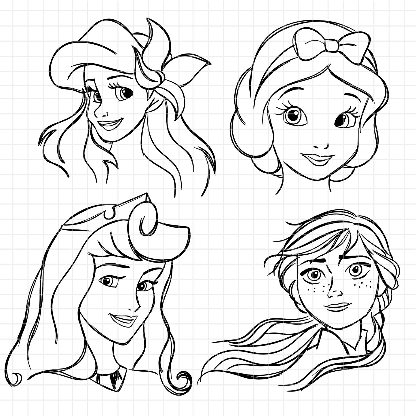 COD1674 - Disney Princess faces line art bundle, Disney princess clipart Svg, Png, Eps, Dxf, Jpeg, vector.