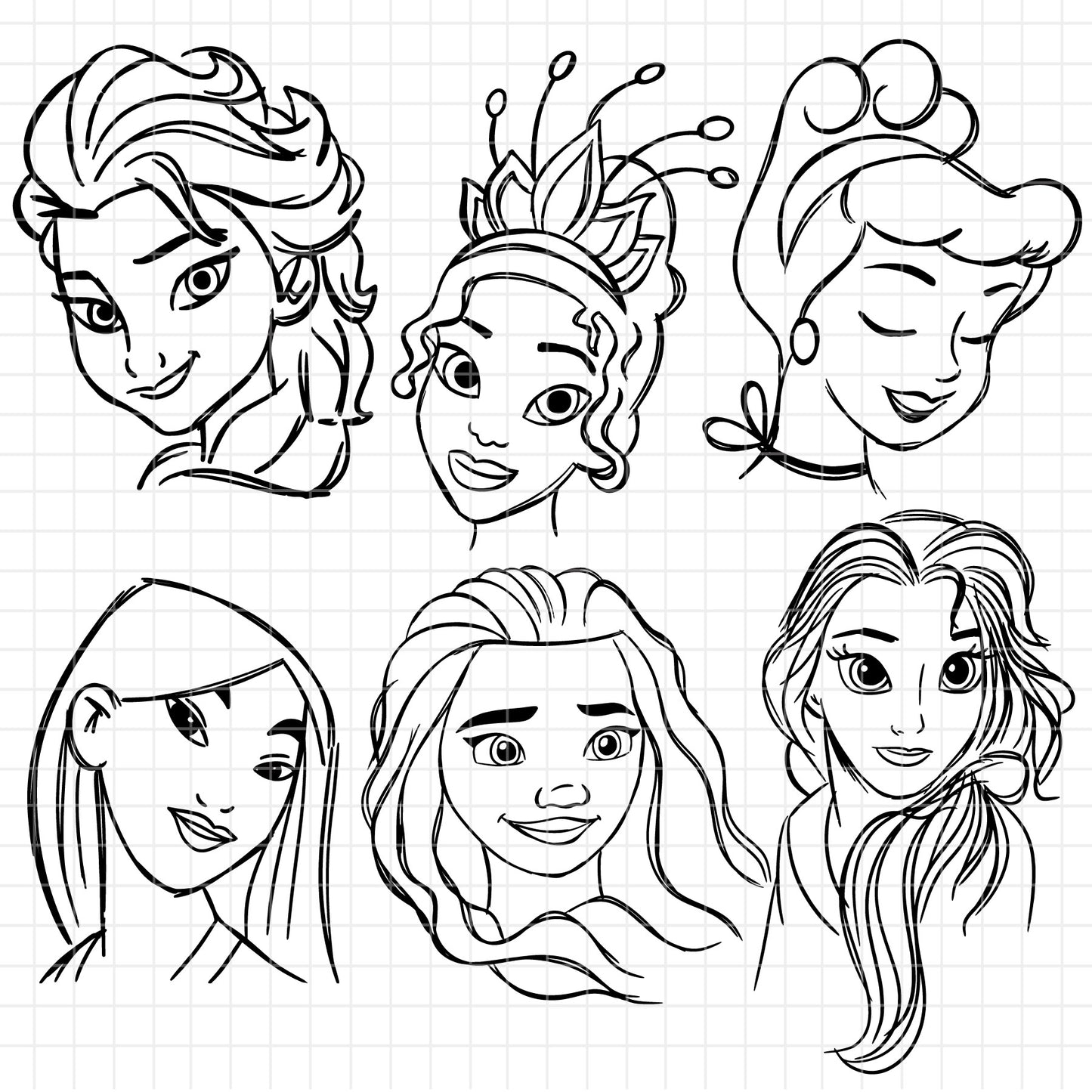 COD1674 - Disney Princess faces line art bundle, Disney princess clipart Svg, Png, Eps, Dxf, Jpeg, vector.