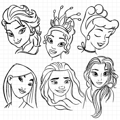 COD1674 - Disney Princess faces line art bundle, Disney princess clipart Svg, Png, Eps, Dxf, Jpeg, vector.