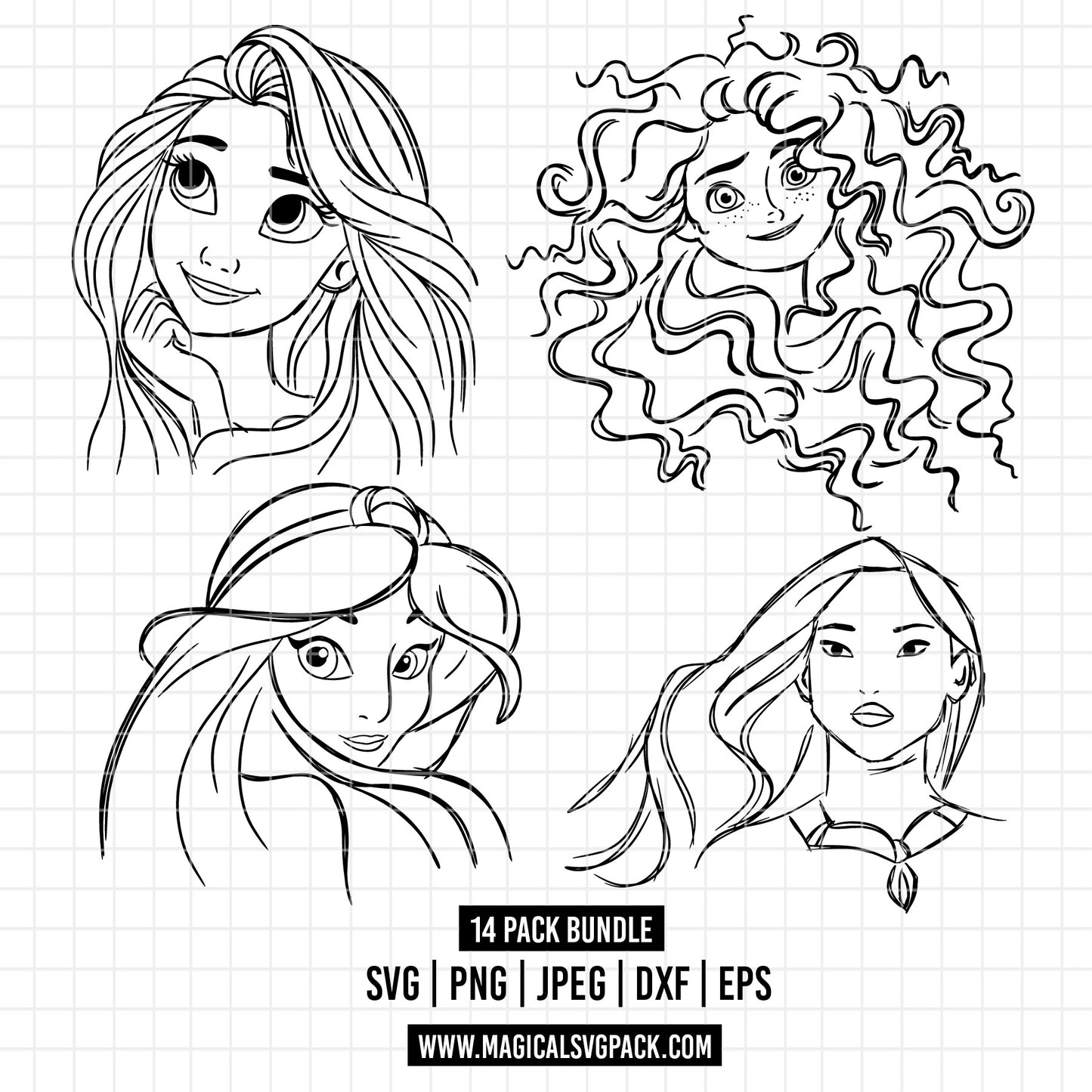 COD1674 - Disney Princess faces line art bundle, Disney princess clipart Svg, Png, Eps, Dxf, Jpeg, vector.