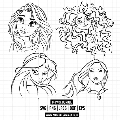 COD1674 - Disney Princess faces line art bundle, Disney princess clipart Svg, Png, Eps, Dxf, Jpeg, vector.
