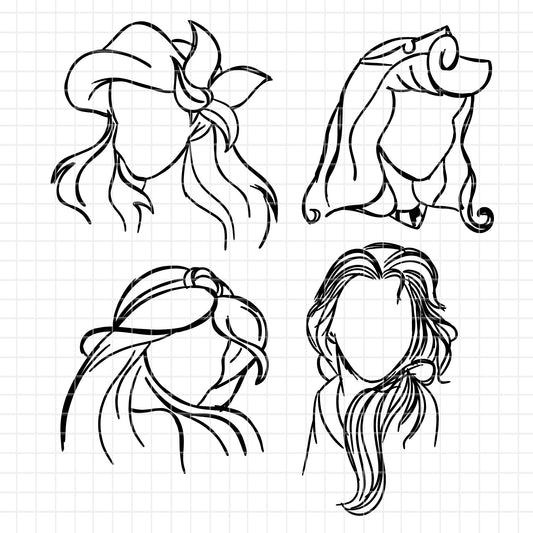 COD1675 - Disney Princess faces outline bundle, Disney princess clipart Svg, Png, Eps, Dxf, Jpeg, vector.