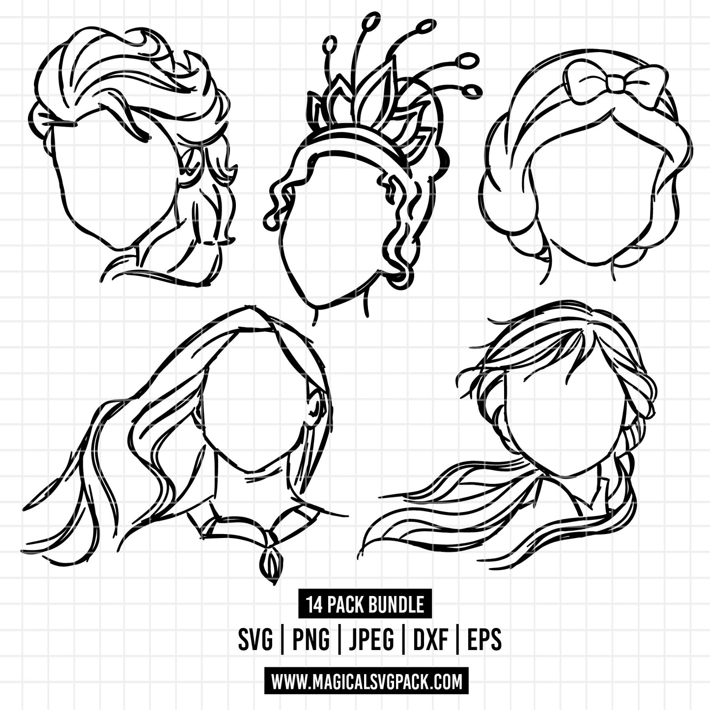 COD1675 - Disney Princess faces outline bundle, Disney princess clipart Svg, Png, Eps, Dxf, Jpeg, vector.