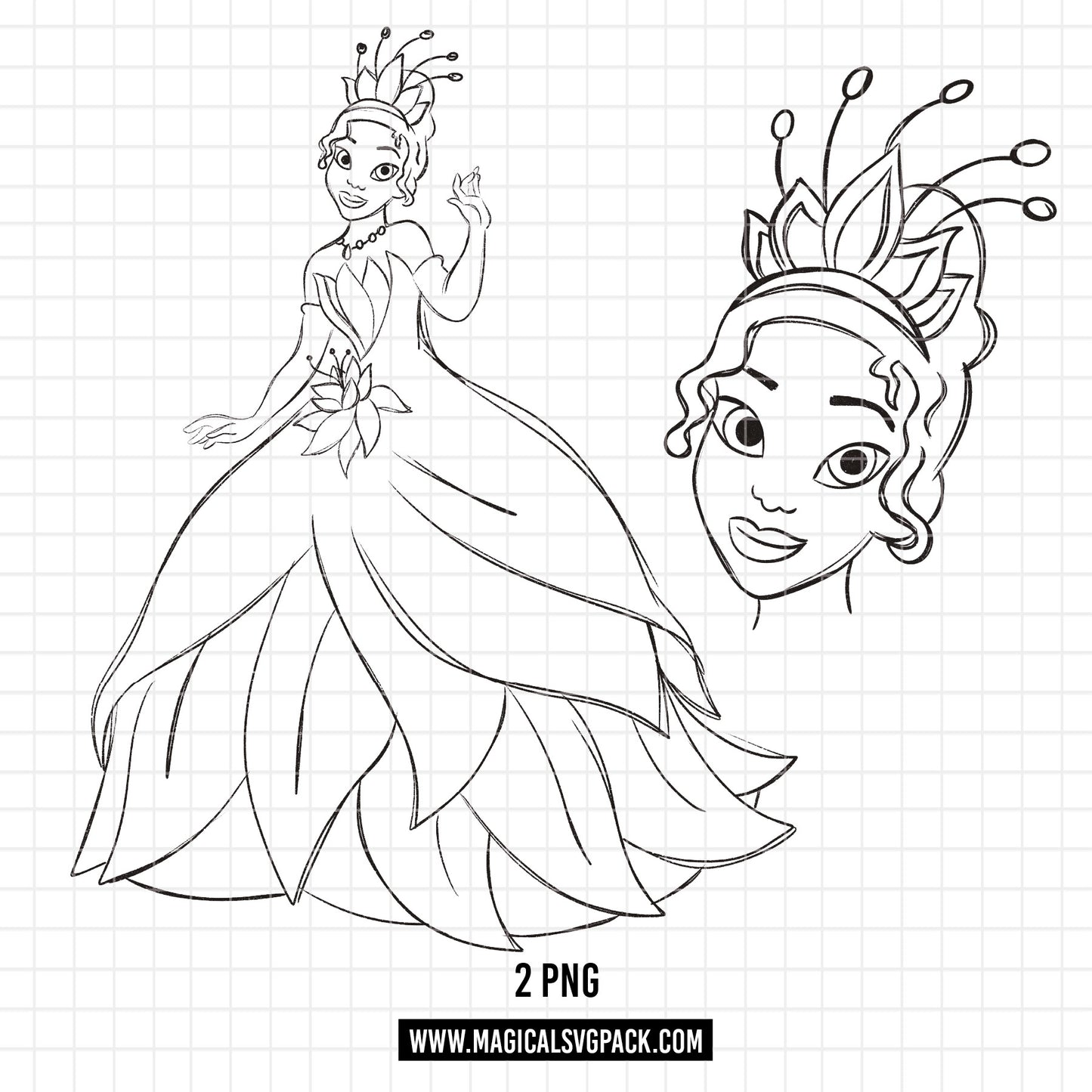 COD1676 - Princess Tiana Sketch bundle, Disney princess clipart PNG.