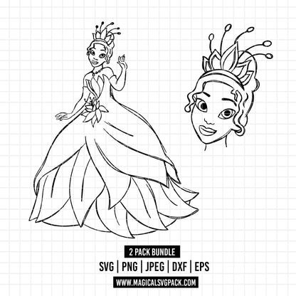 COD1677 - Princess Tiana Sketch bundle, Disney princess clipart Svg, Png, Eps, Dxf, Jpeg, vector.