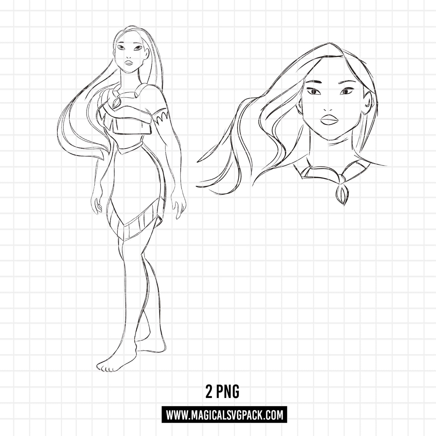 COD1680 - Princess Pocahontas Sketch bundle, Disney princess clipart PNG.