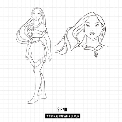 COD1680 - Princess Pocahontas Sketch bundle, Disney princess clipart PNG.