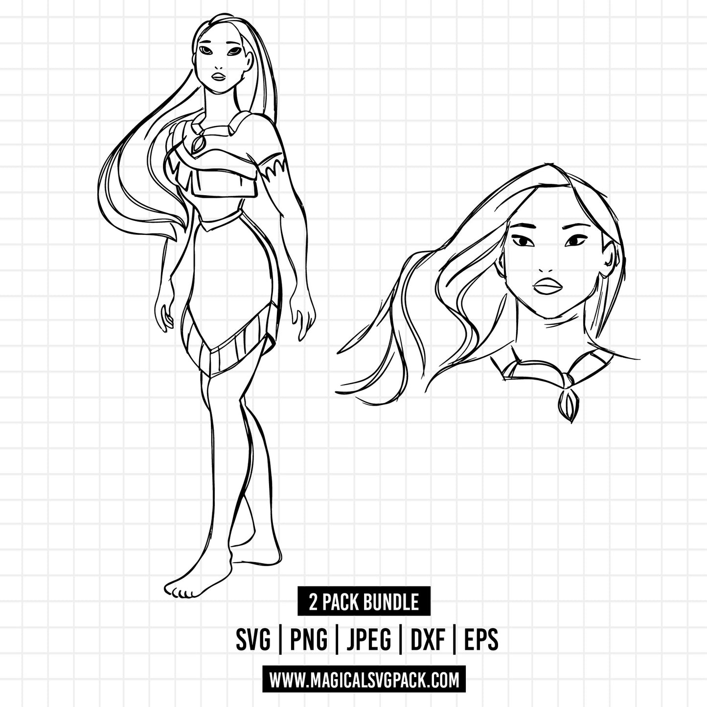 COD1681 - Princess Pocahontas Sketch bundle, Disney princess clipart Svg, Png, Eps, Dxf, Jpeg, vector.
