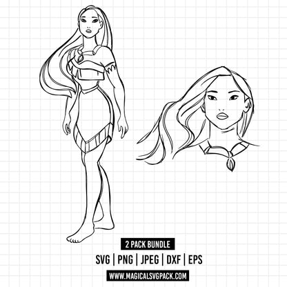 COD1681 - Princess Pocahontas Sketch bundle, Disney princess clipart Svg, Png, Eps, Dxf, Jpeg, vector.