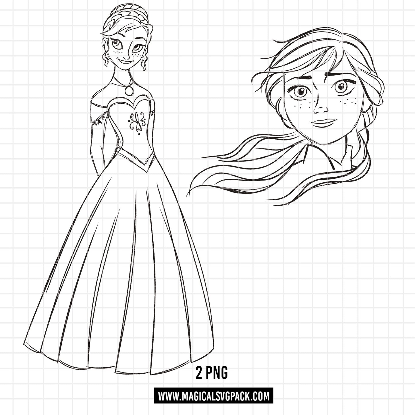 COD1682 - Princess Anna Sketch bundle, Disney princess clipart PNG.