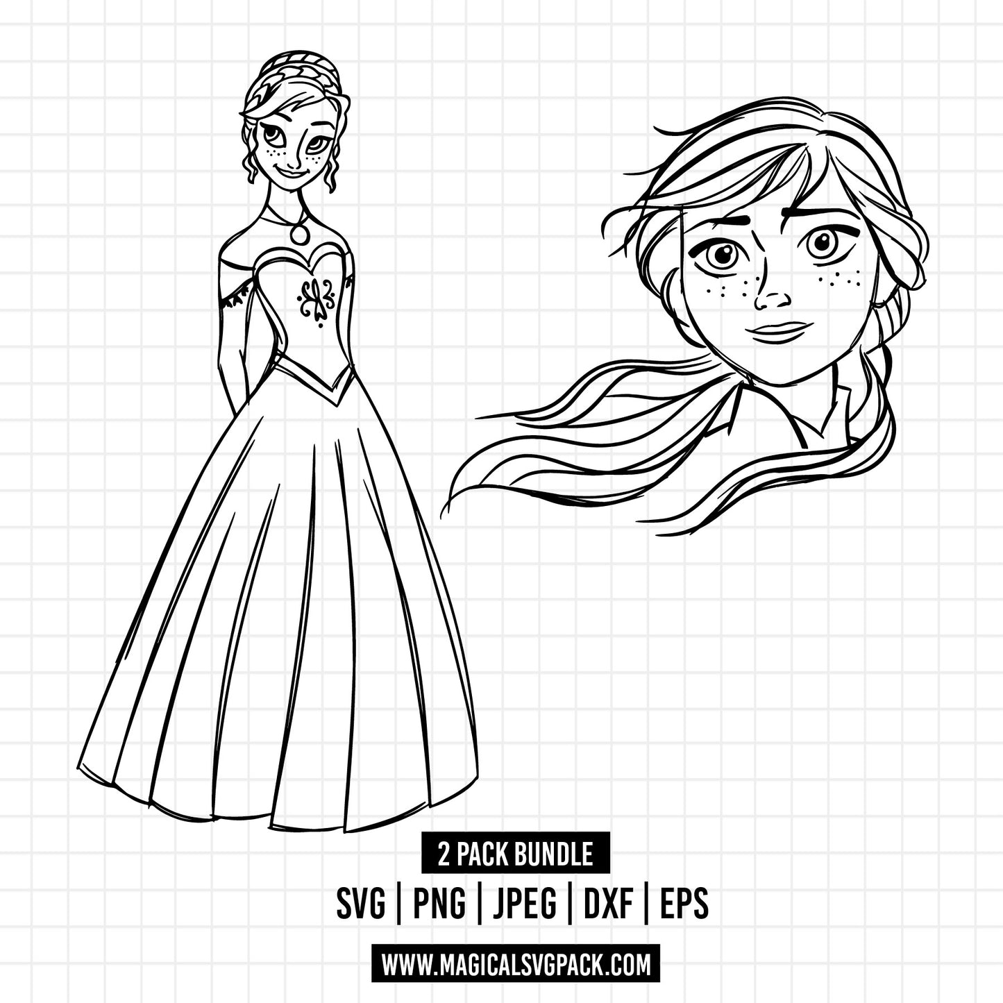 COD1683 - Princess Anna Sketch bundle, Disney princess clipart Svg, Png, Eps, Dxf, Jpeg, vector.