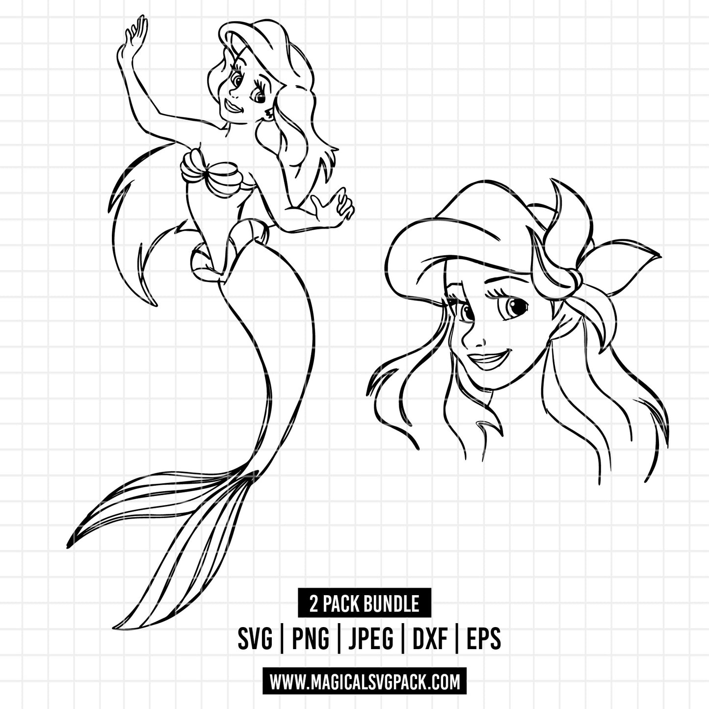 COD1685 - Princess Ariel Sketch bundle, Disney princess clipart Svg, Png, Eps, Dxf, Jpeg, vector.