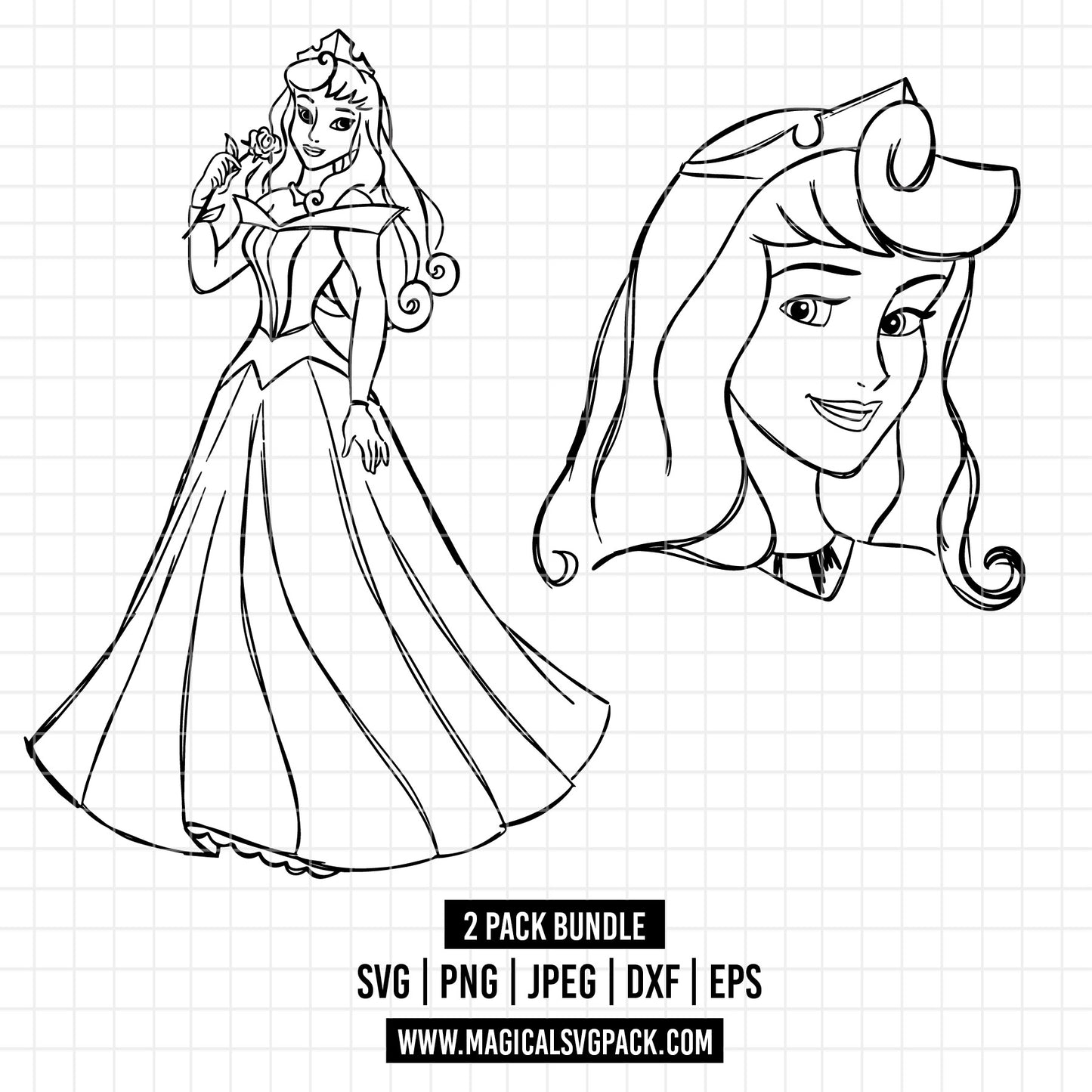 COD1687 - Princess Aurora Sketch bundle, Disney princess clipart Svg, Png, Eps, Dxf, Jpeg, vector.