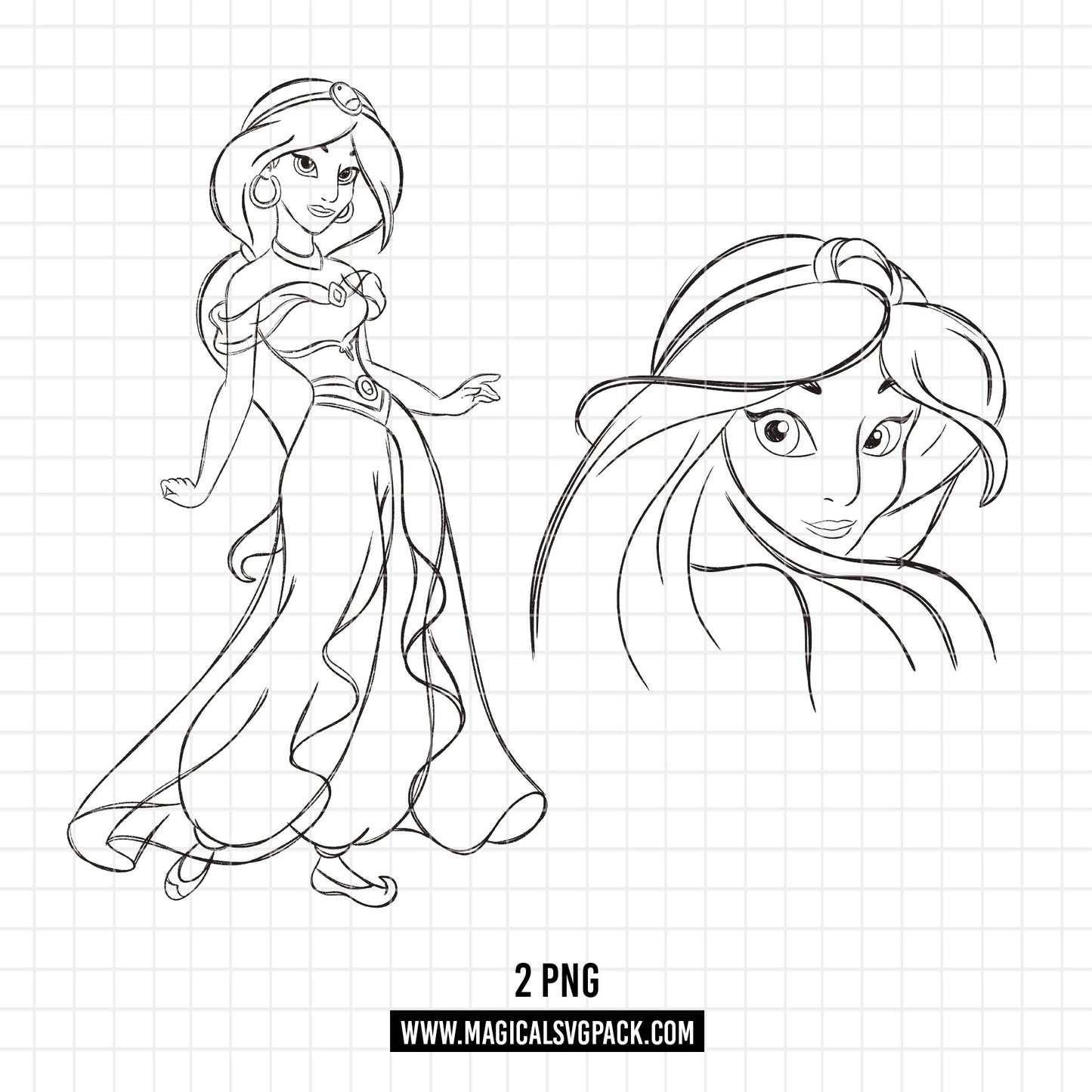 COD1688 - Princess Jasmine Sketch bundle, Disney princess clipart PNG.