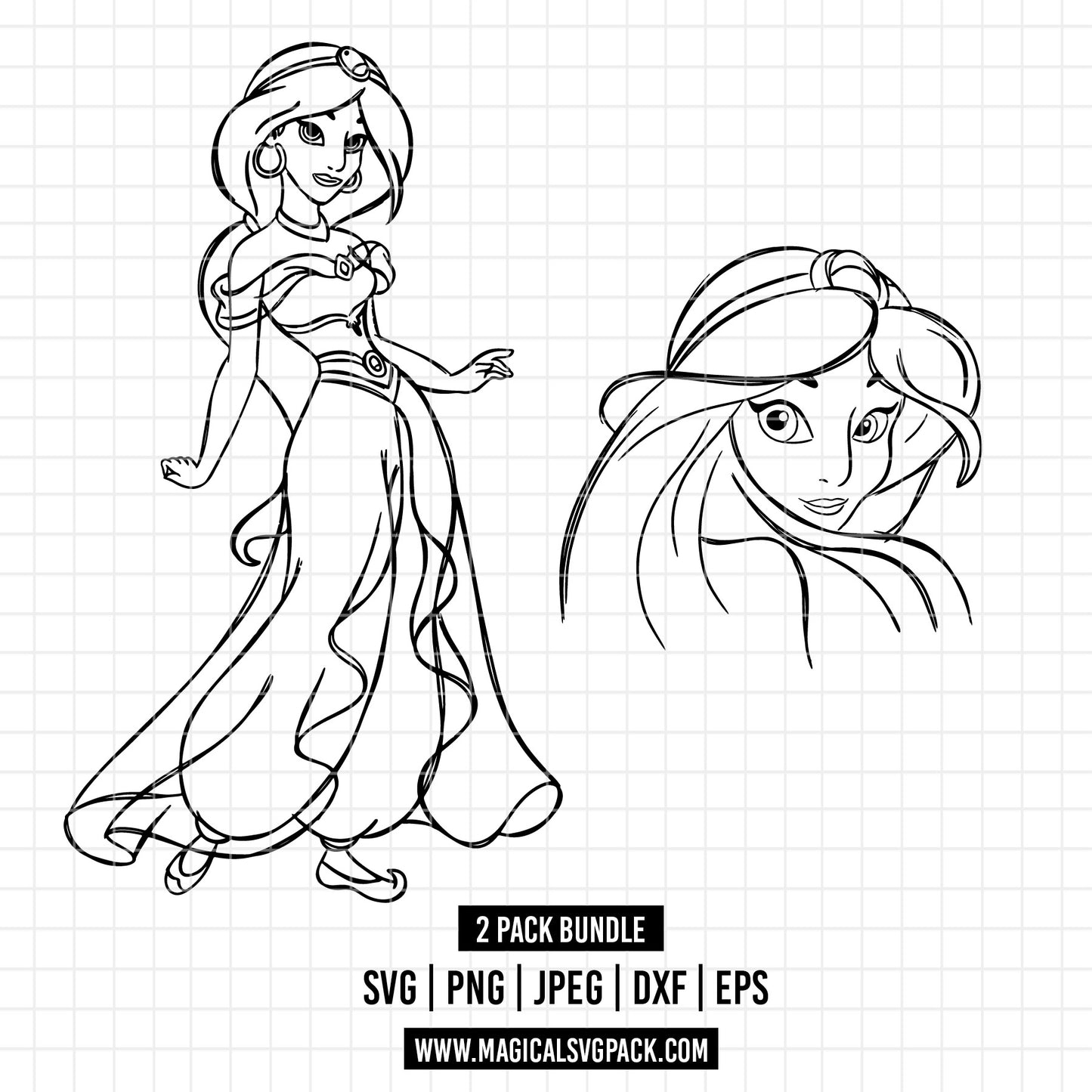 COD1689 - Princess Jasmine Sketch bundle, Disney princess clipart Svg, Png, Eps, Dxf, Jpeg, vector.