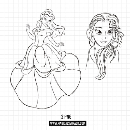 COD1690 - Princess Belle Sketch bundle, Disney princess clipart PNG.