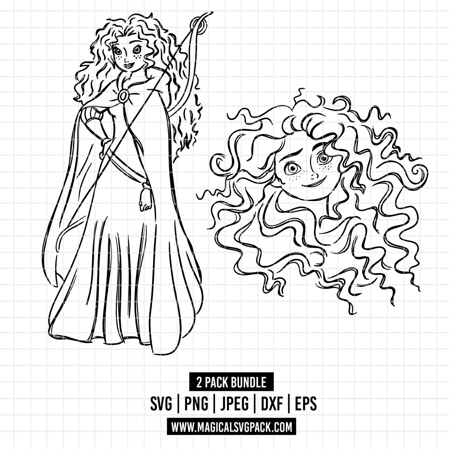 COD1693 - Princess Merida Sketch bundle, Disney princess clipart Svg, Png, Eps, Dxf, Jpeg, vector.