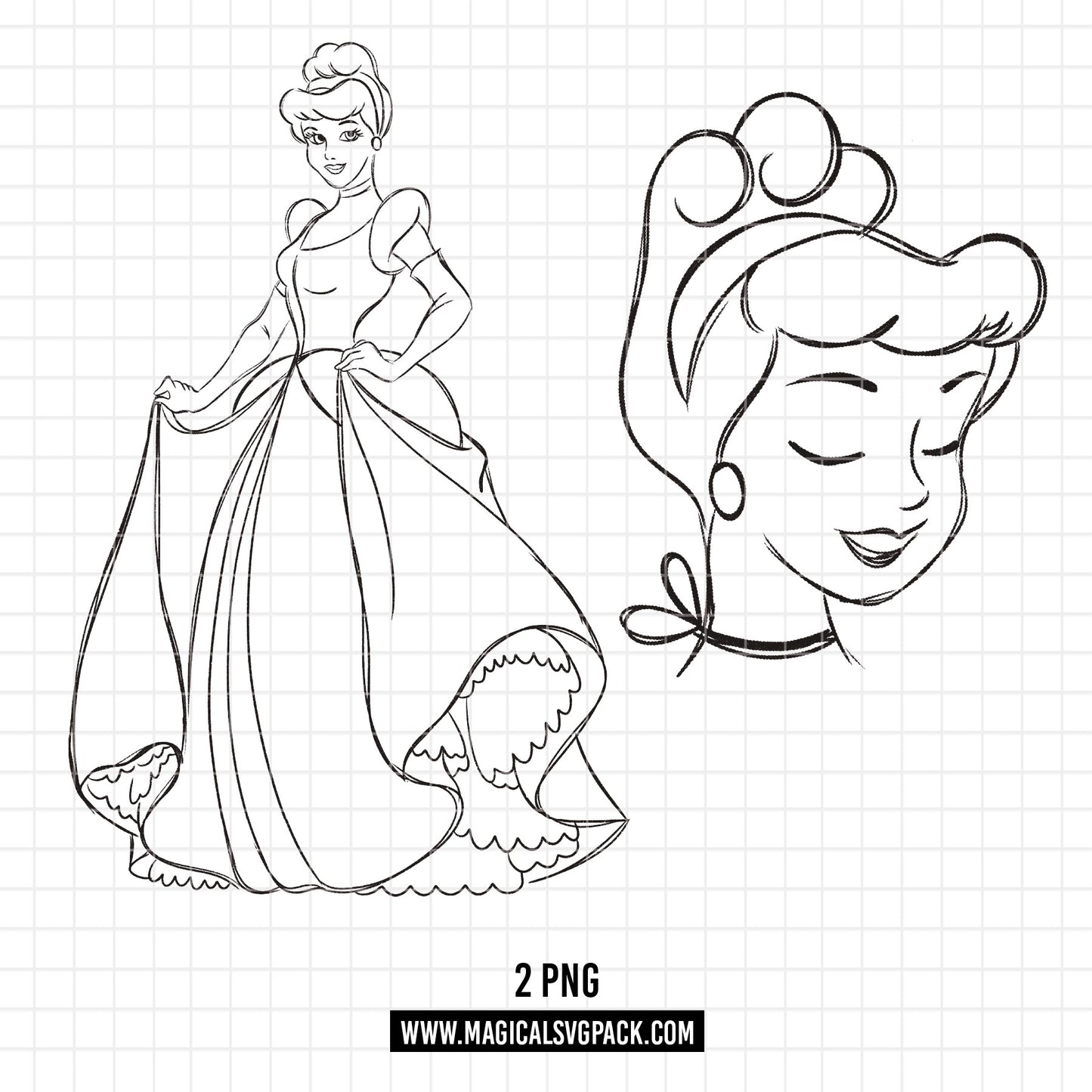 COD1694 - Princess Cinderella Sketch bundle, Disney princess clipart PNG.