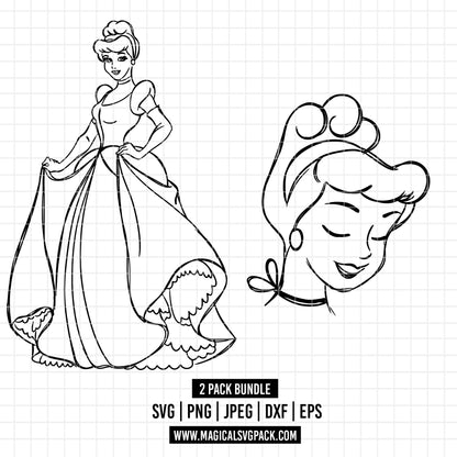 COD1695 - Princess Cinderella Sketch bundle, Disney princess clipart Svg, Png, Eps, Dxf, Jpeg, vector.
