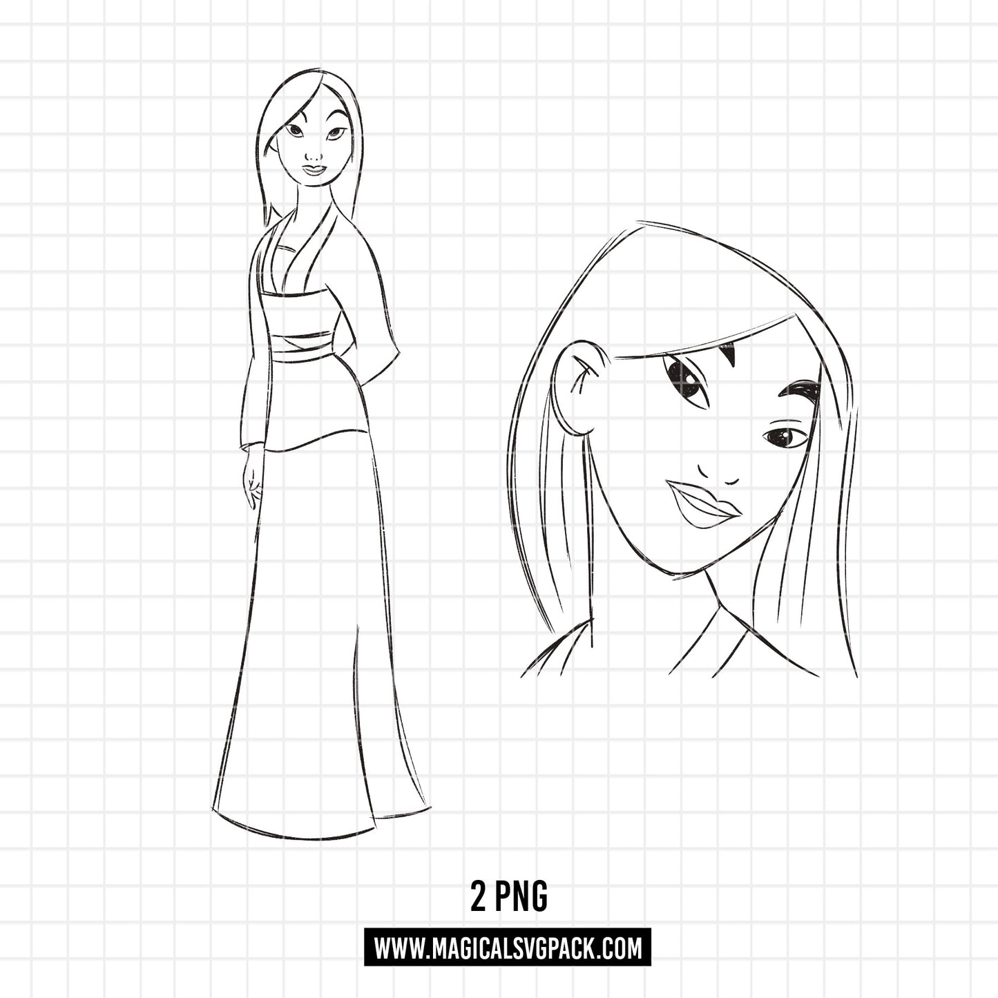 COD1698 - Princess Mulan Sketch bundle, Disney princess clipart PNG.