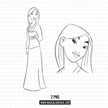 COD1698 - Princess Mulan Sketch bundle, Disney princess clipart PNG.
