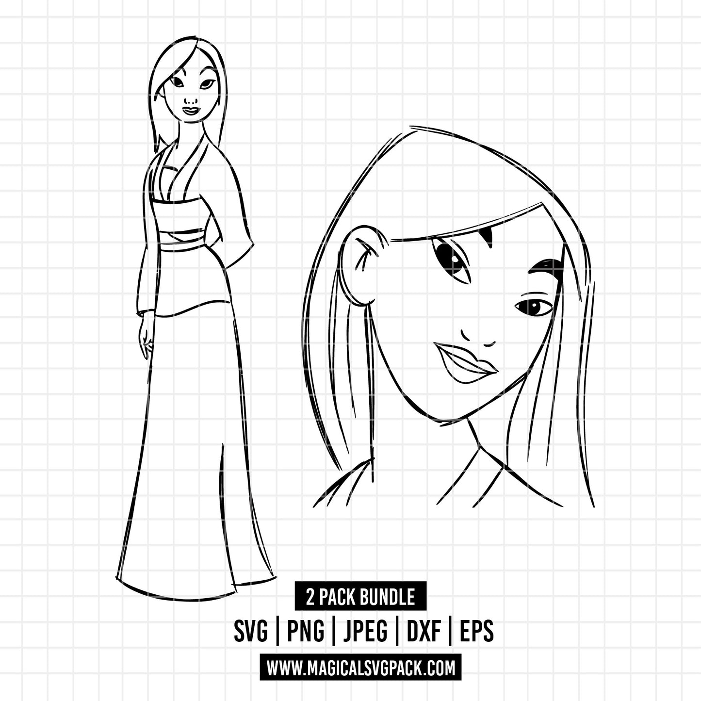 COD1699 - Princess Mulan Sketch bundle, Disney princess clipart Svg, Png, Eps, Dxf, Jpeg, vector.
