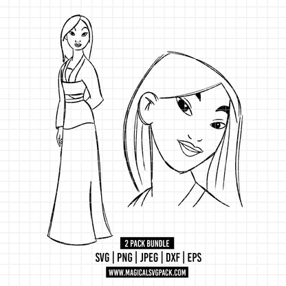 COD1699 - Princess Mulan Sketch bundle, Disney princess clipart Svg, Png, Eps, Dxf, Jpeg, vector.