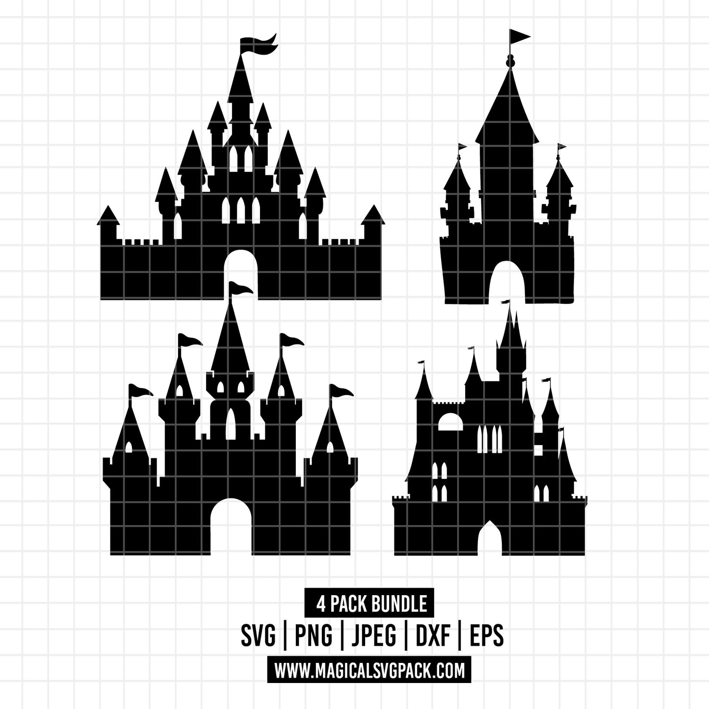 COD1713 - Disney Castle Silhouettes bundle, Disneyland clipart Svg, Png, Eps, Dxf, Jpeg, vector.