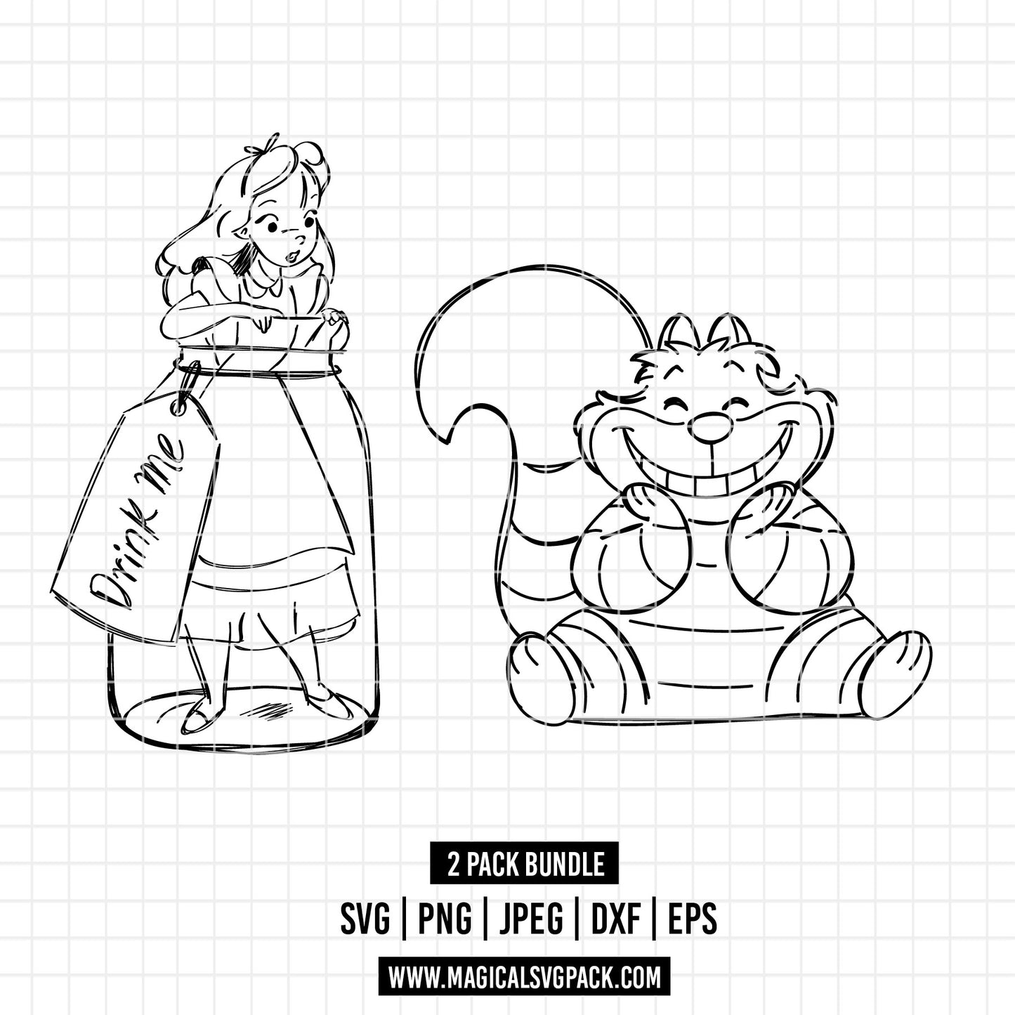 COD1810 - Alice in wonderland & Chesire cat bundle line art, Disney clipart Svg, Png, Eps, Dxf, Jpeg, vector.