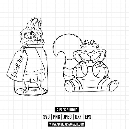 COD1810 - Alice in wonderland & Chesire cat bundle line art, Disney clipart Svg, Png, Eps, Dxf, Jpeg, vector.