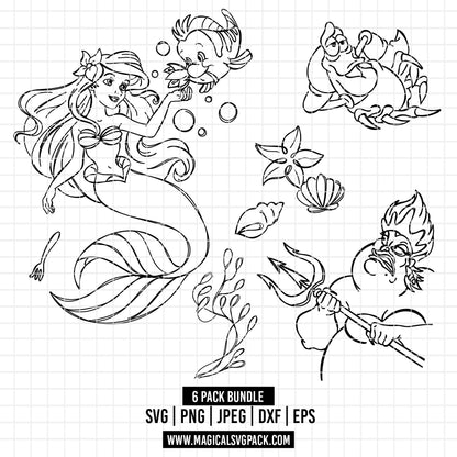 COD1846 - The Little mermaid bundle outline, Disney Princess clipart Svg, Png, Eps, Dxf, Jpeg, vector.