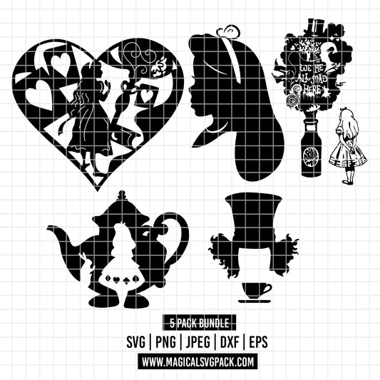 COD2120 - Alice in wonderland silhouettes & characters pack bundle, Disney clipart Svg, Png, Eps, Dxf, Jpeg, vector.