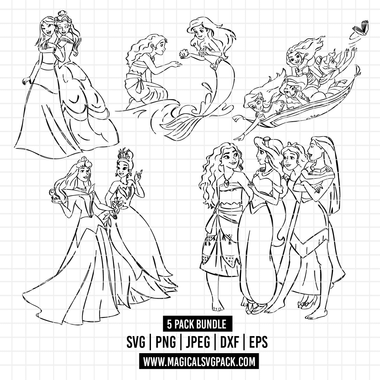 COD2126 - Disney princess pack bundle, Disney princess clipart Svg, Png, Eps, Dxf, Jpeg, vector.