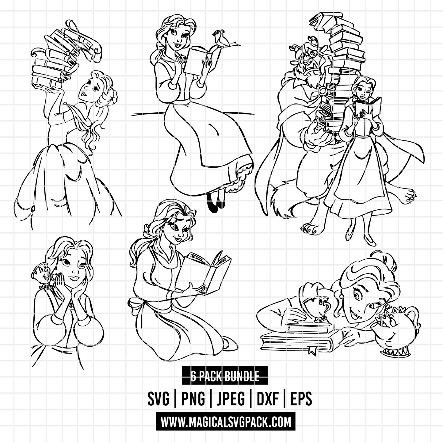 COD2130 - Beauty and the best pack bundle, Disney princess clipart Svg, Png, Eps, Dxf, Jpeg, vector.