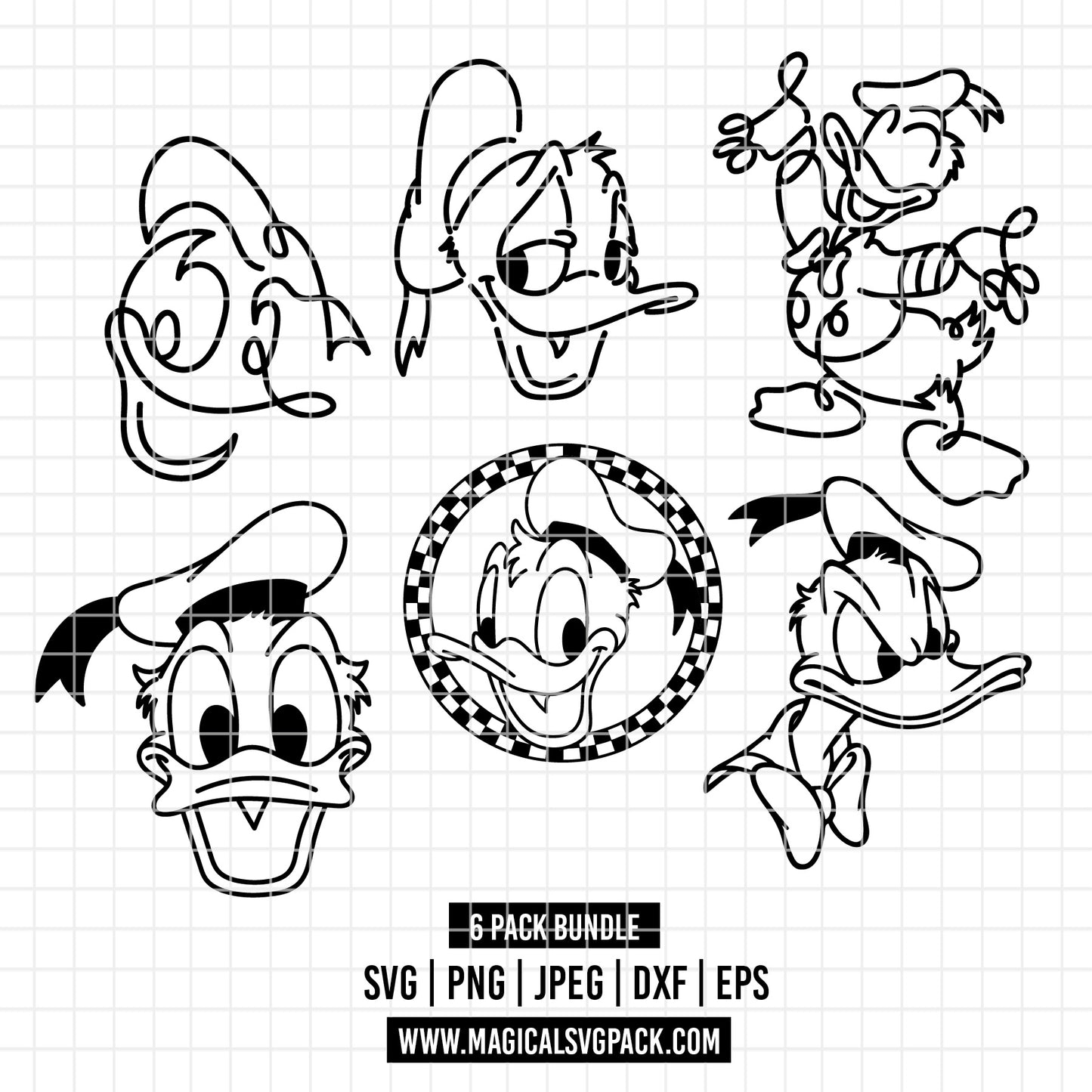 COD2181 - Donald line art pack bundle, Disney Classics clipart Svg, Png, Eps, Dxf, Jpeg, vector.