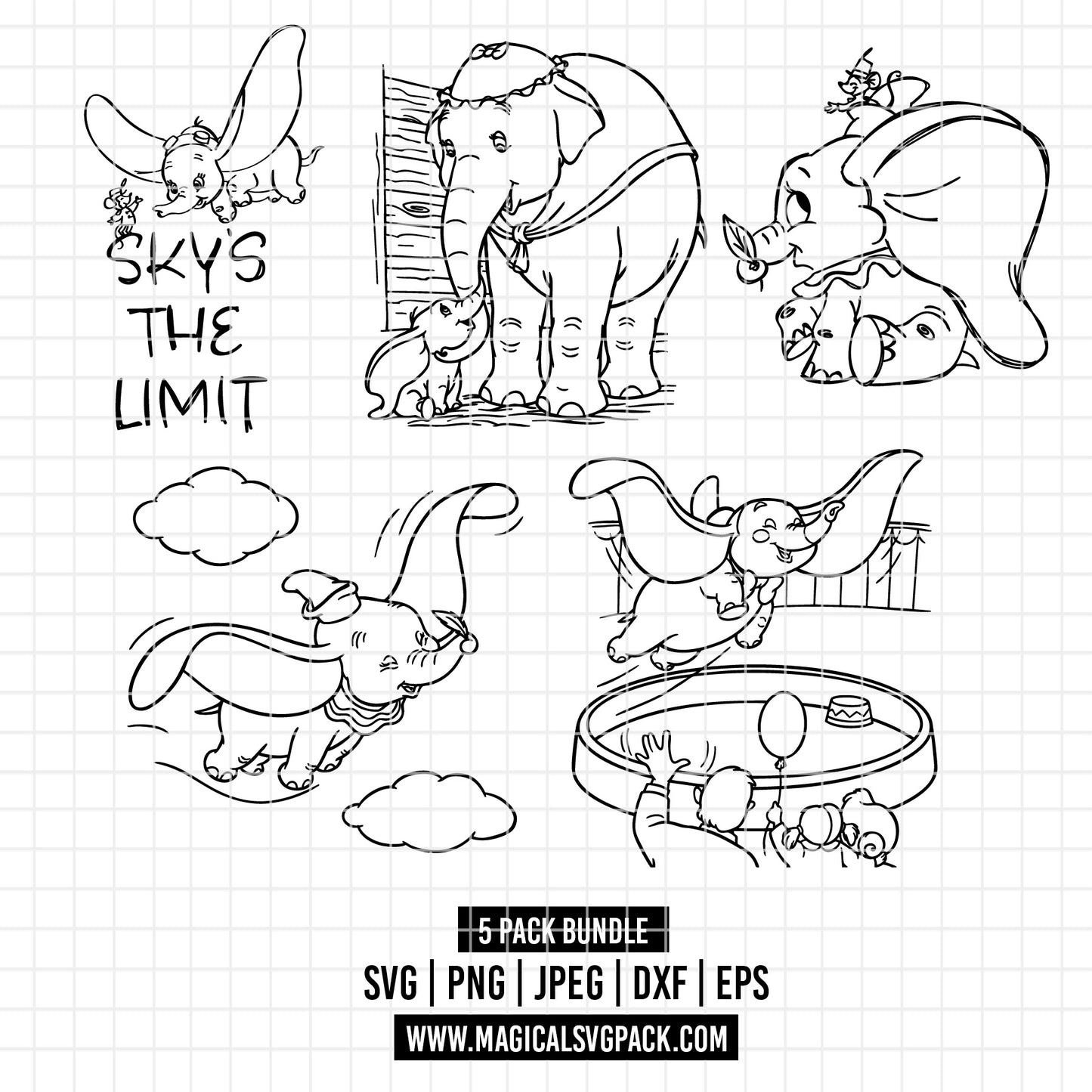 COD2183 - Dumbo line art pack bundle, Disney Classics clipart Svg, Png, Eps, Dxf, Jpeg, vector.