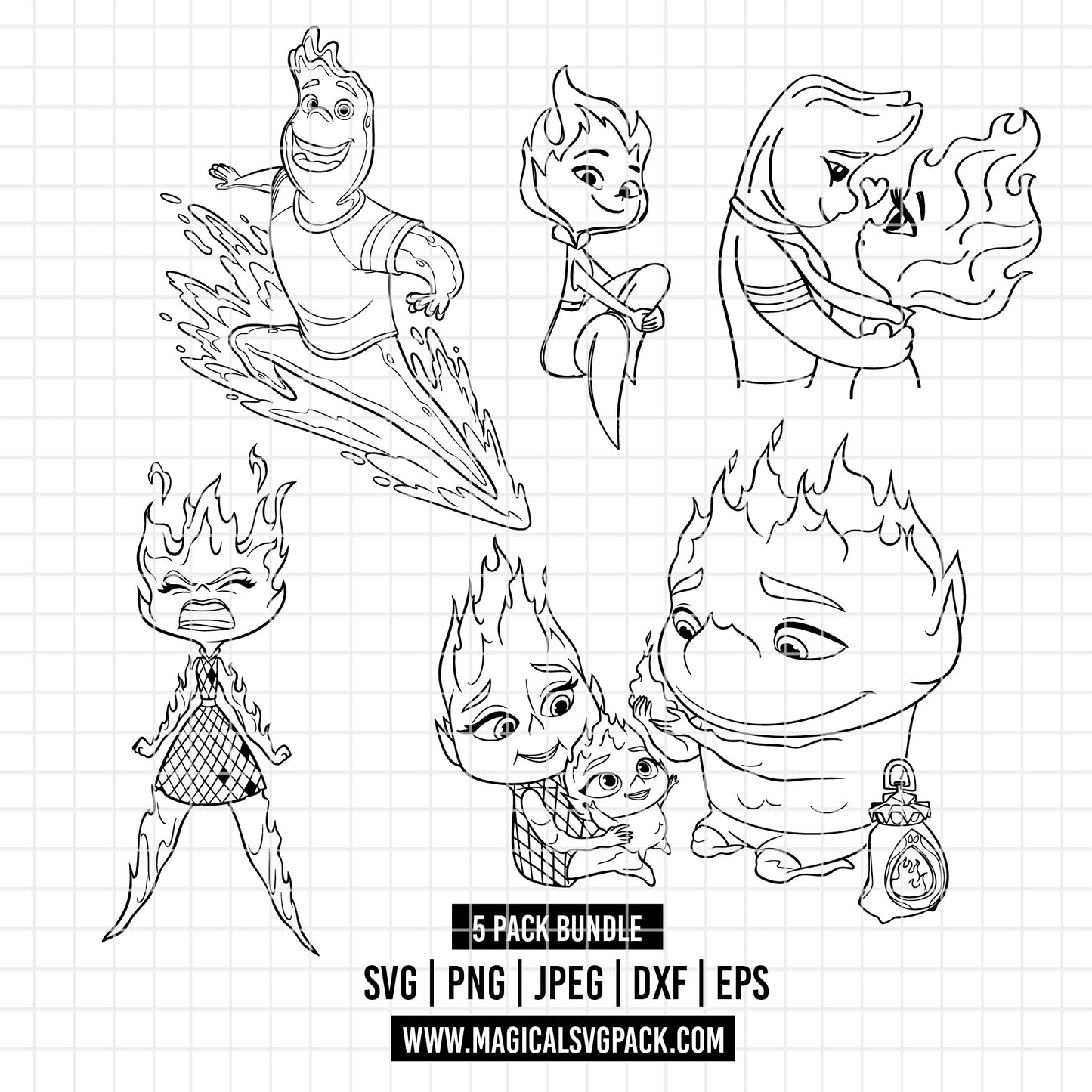 COD2184 - Elemental line art pack bundle, Disney Pixar clipart Svg, Png, Eps, Dxf, Jpeg, vector.