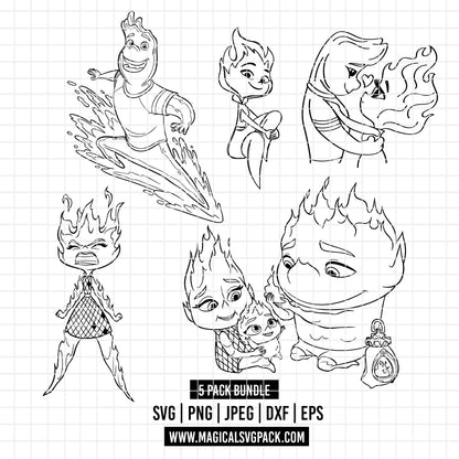 COD2184 - Elemental line art pack bundle, Disney Pixar clipart Svg, Png, Eps, Dxf, Jpeg, vector.