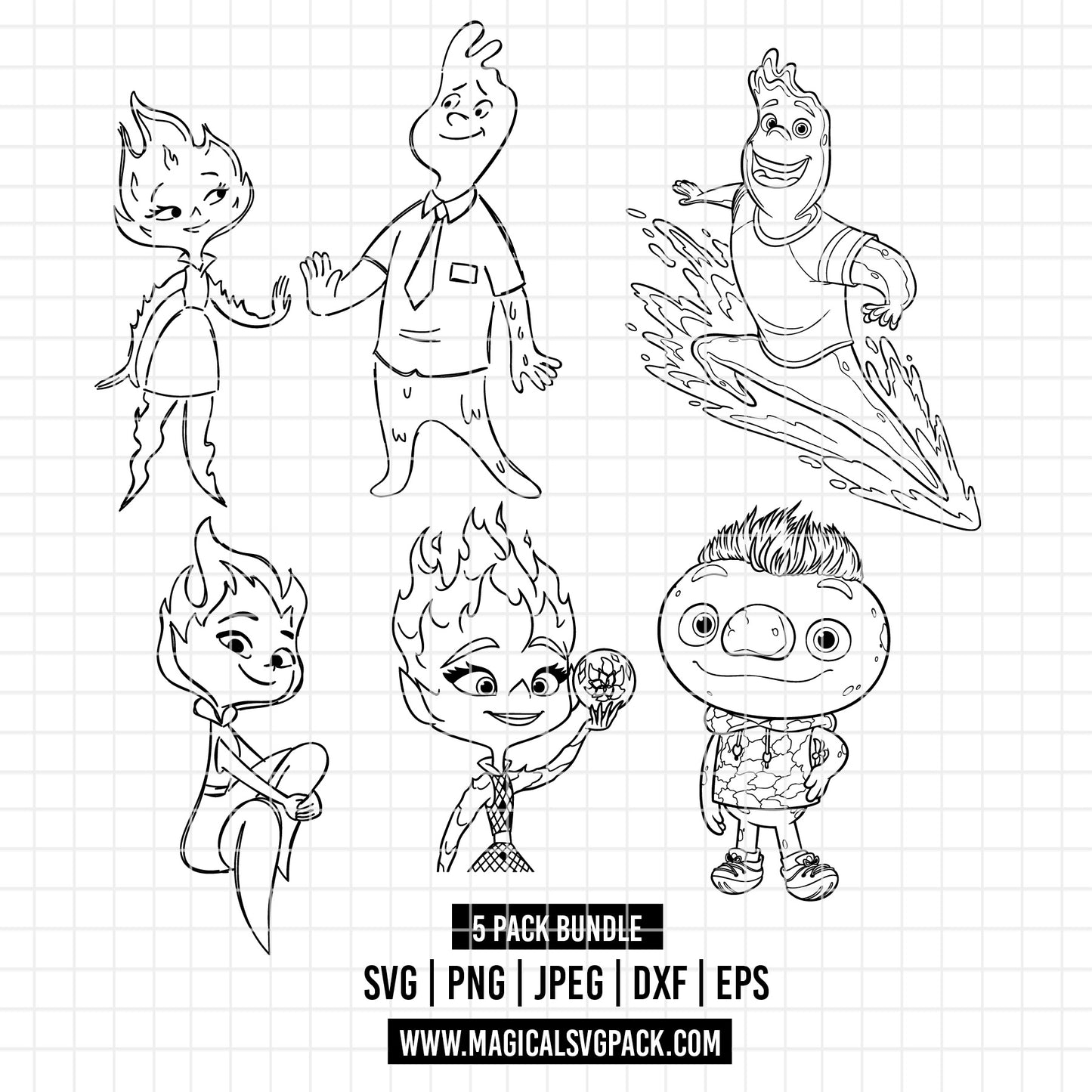 COD2185 - Elemental line art pack bundle, Disney Pixar clipart Svg, Png, Eps, Dxf, Jpeg, vector.