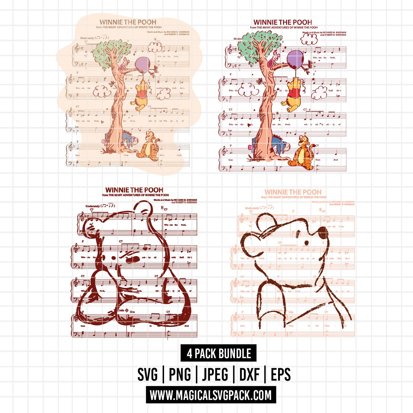 COD2338 - Winnie the Pooh songs sheet music pack bundle, Disney clipart Svg, Png, Eps, Dxf, Jpeg, vector.