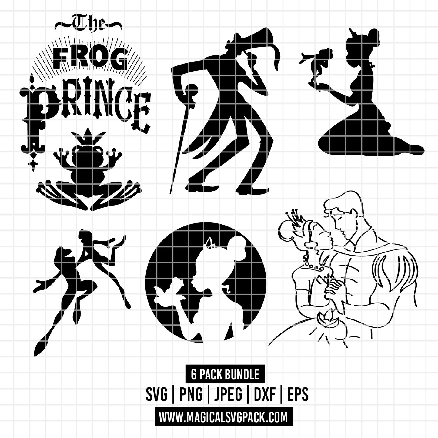 COD2395 - The princess and the frog silhouettes pack bundle, Disney princess clipart Svg, Png, Eps, Dxf, Jpeg, vector.