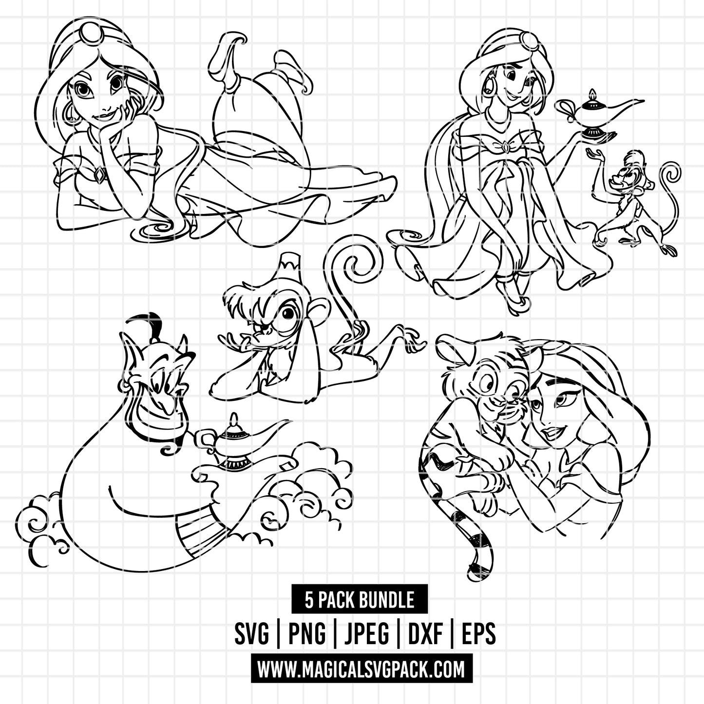COD2531 - Princess Jasmine pack bundle, Disney princess clipart Svg, Png, Eps, Dxf, Jpeg, vector.