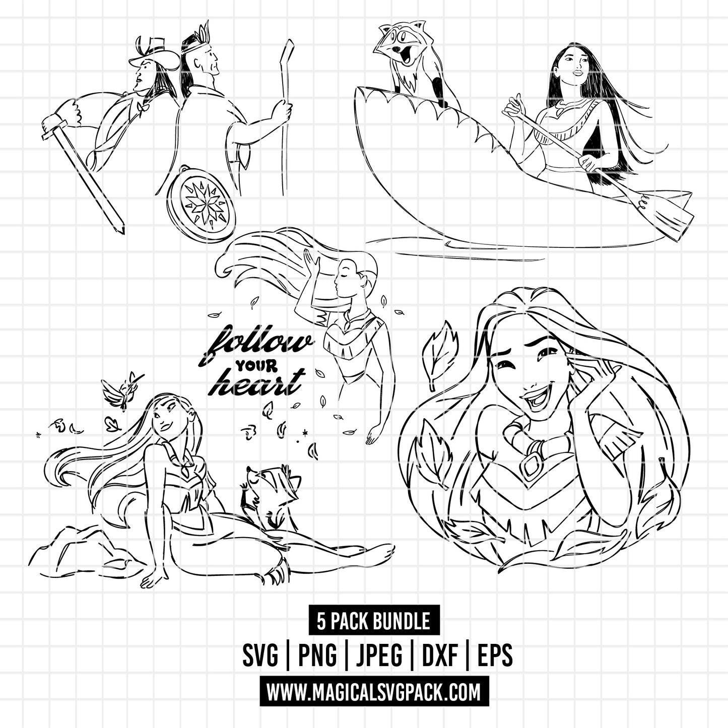 COD2533 - Princess Pocahontas pack bundle, Disney princess clipart Svg, Png, Eps, Dxf, Jpeg, vector.