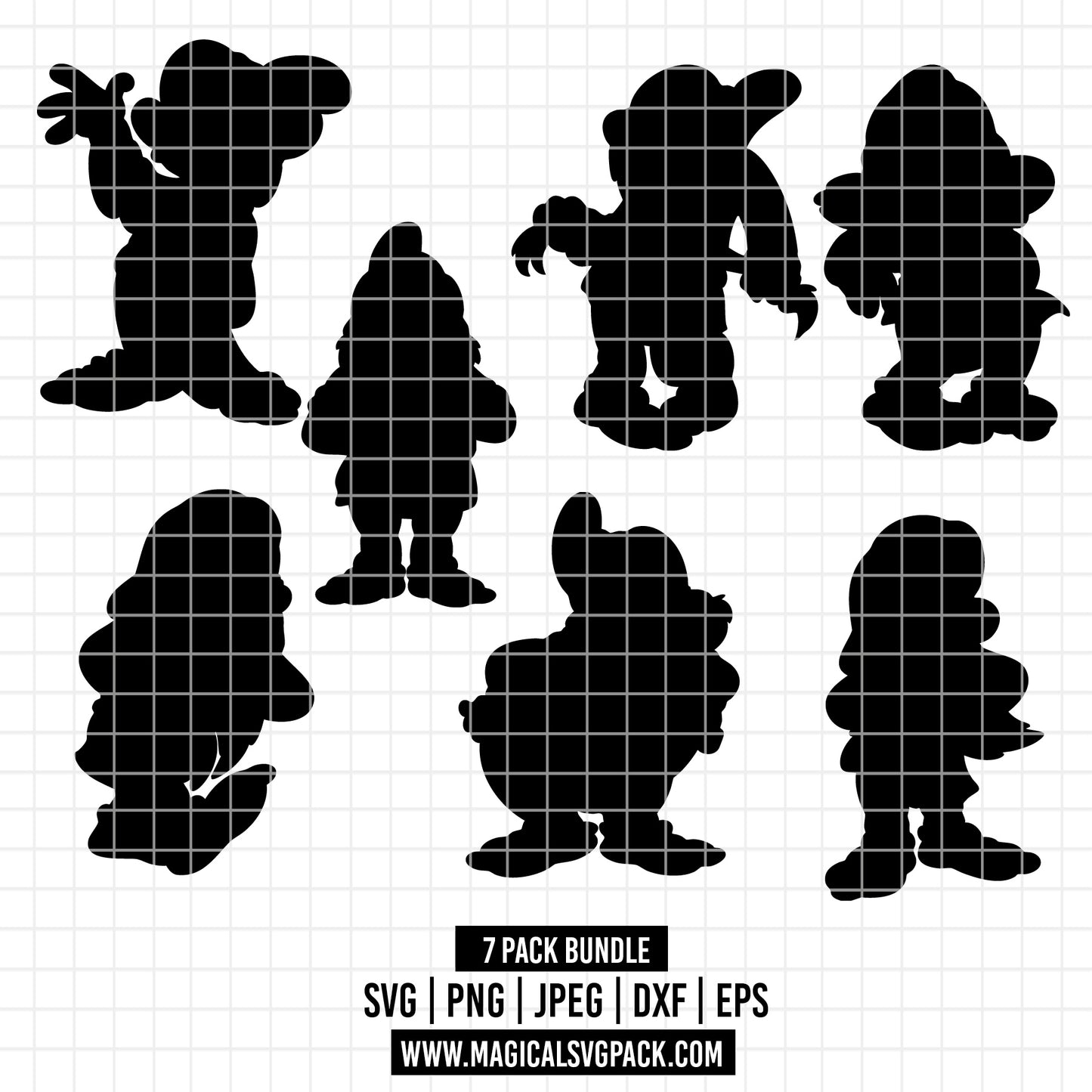 COD2722 - The seven dwarfs at Snow White silhouettes pack bundle, Disney clipart Svg, Png, Eps, Dxf, Jpeg, vector.