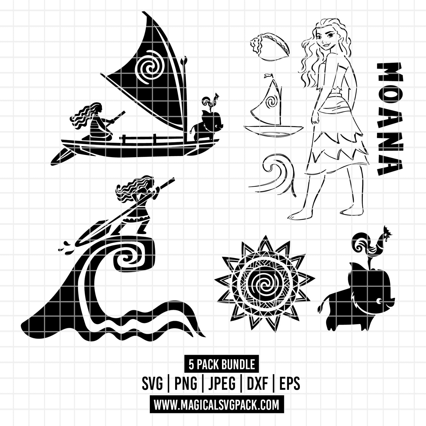 COD2743 - Moana icons & quotes pack bundle, Disney princess clipart Svg, Png, Eps, Dxf, Jpeg, vector.