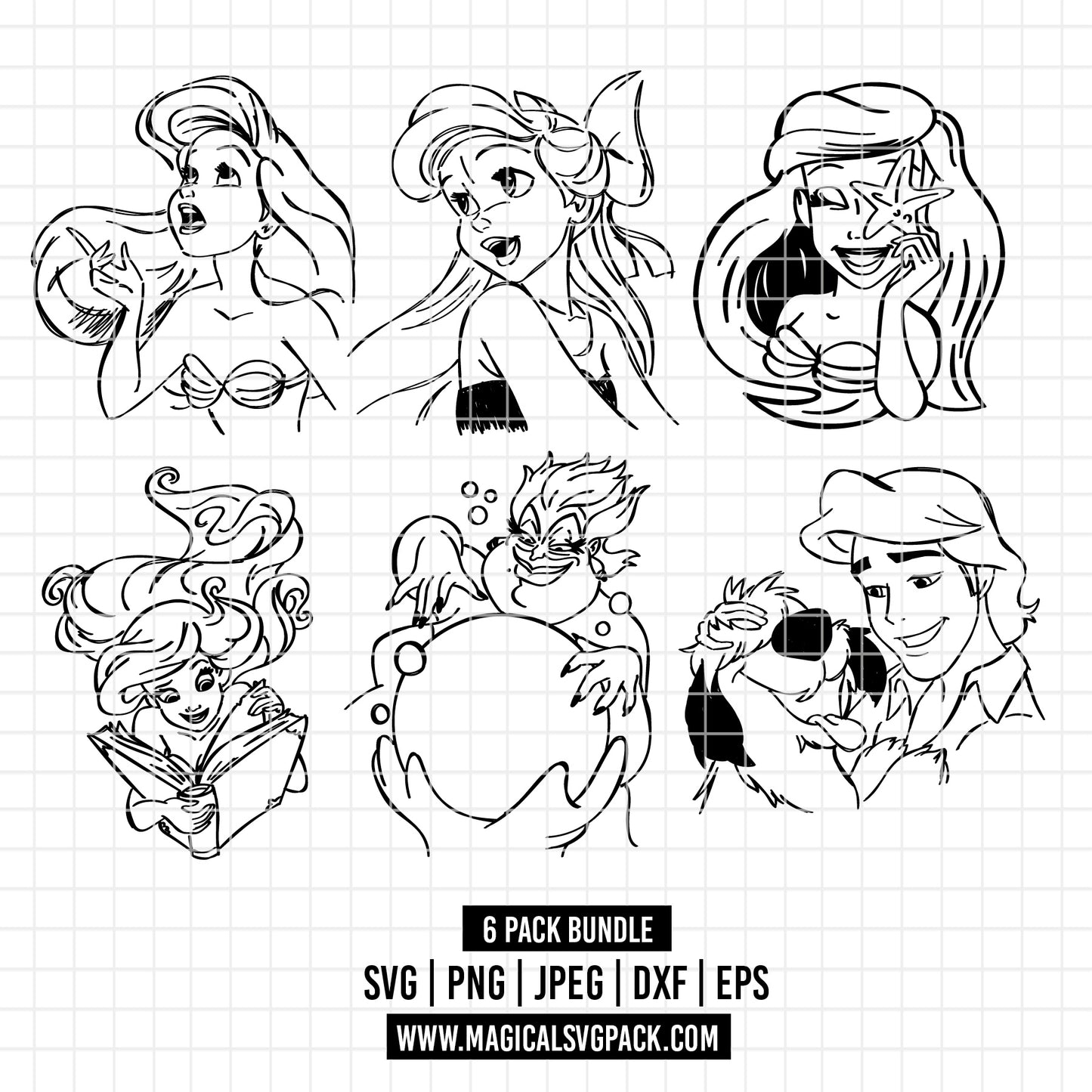 COD2745 - The Little mermaid pack bundle, Disney Princess Ariel Svg, Png, Eps, Dxf, Jpeg, vector.