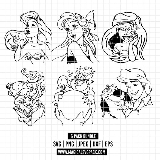 COD2745 - The Little mermaid pack bundle, Disney Princess Ariel Svg, Png, Eps, Dxf, Jpeg, vector.