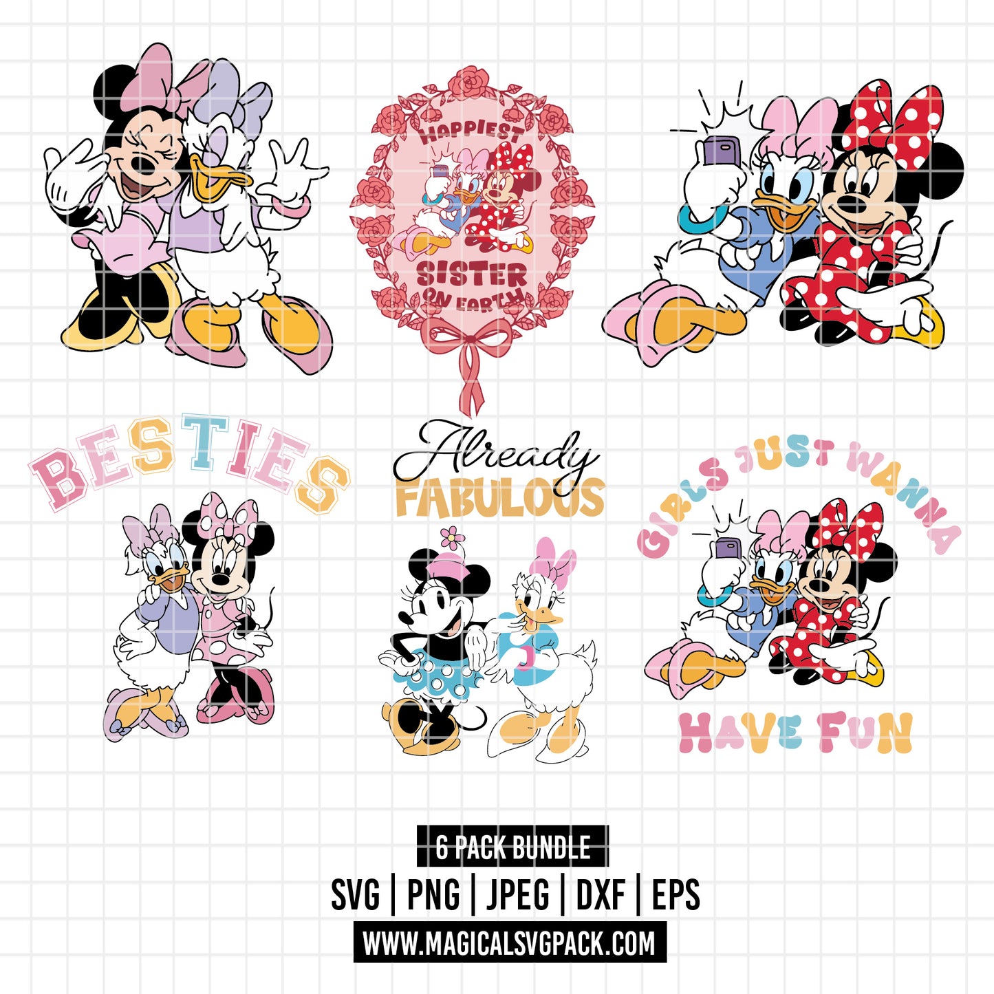 COD3355 - Minnie & Daisy pack bundle, Disney Classics clipart Svg, Png, Eps, Dxf, Jpeg, vector.
