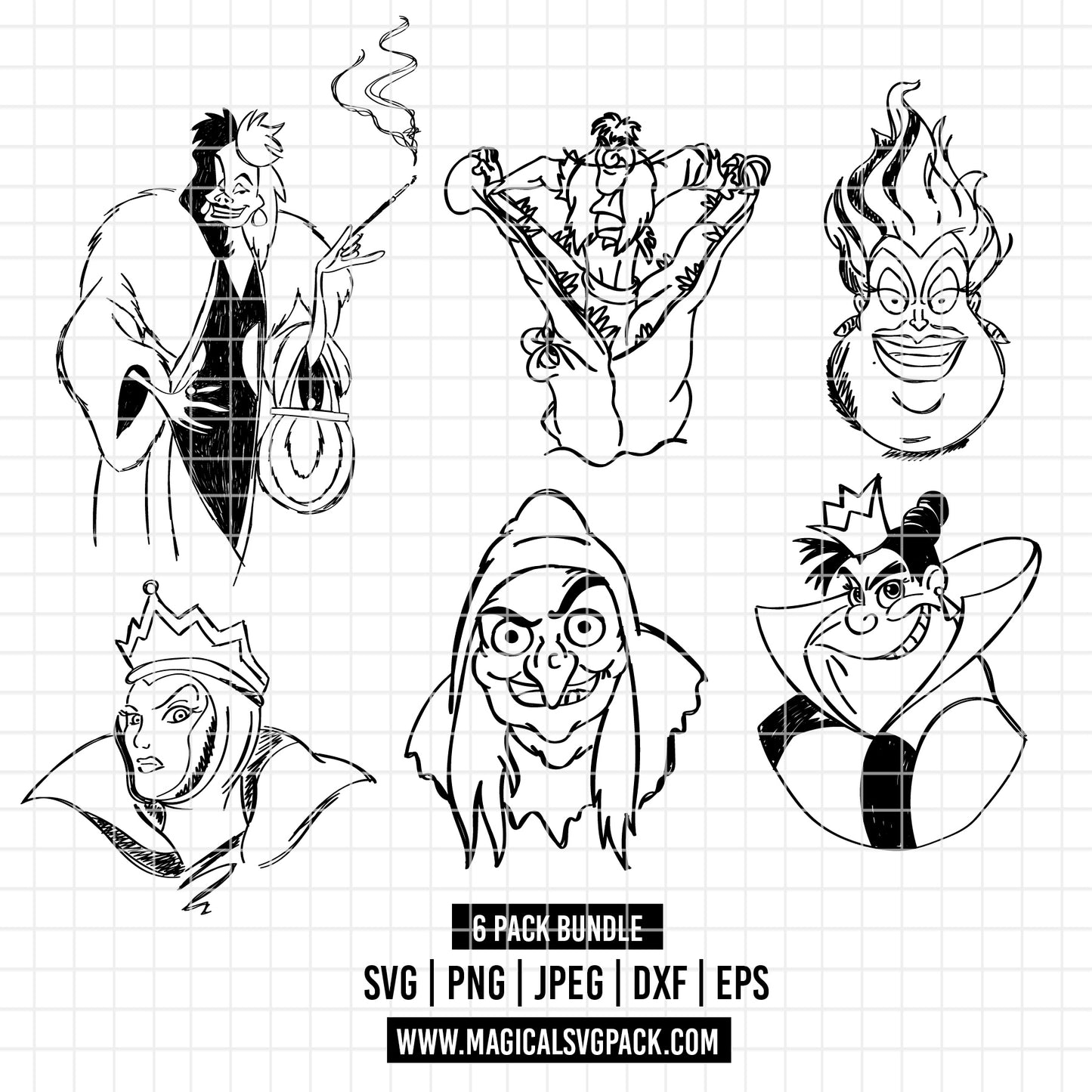 COD3470 - Disney Villains pack bundle line art, Disney villains clipart Svg, Png, Eps, Dxf, Jpeg, vector.